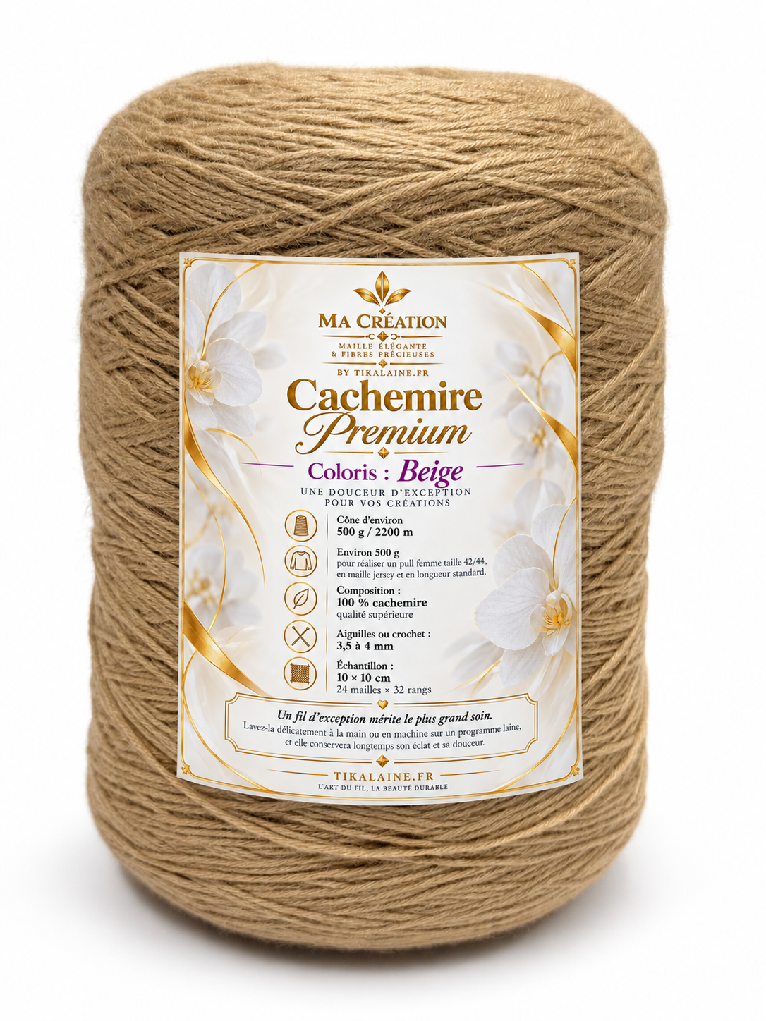 100%Cachemire Premium : Cône de 500g/2200m aiguilles/crochet 3,5-4mm