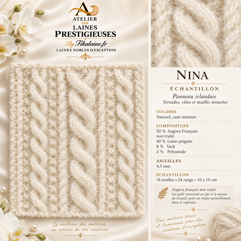 Nina : Angora Français, laine peignée et yack - pelote de 70g 120m - aiguilles/crochet 4-4,5mm