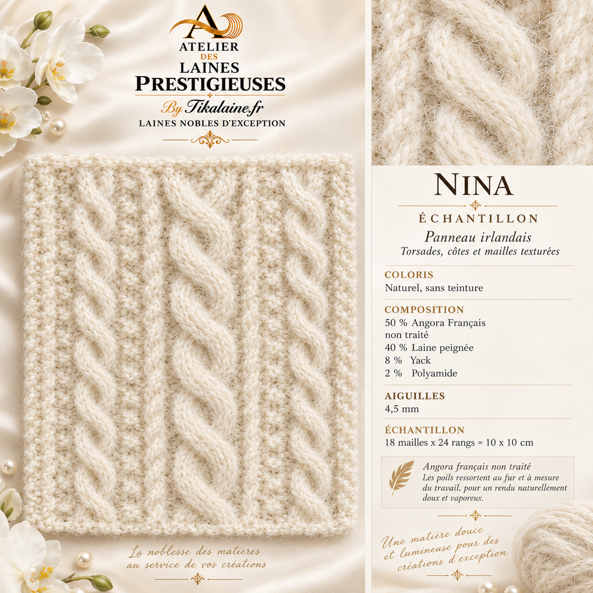 Nina : Angora Français, laine peignée et yack - pelote de 70g 120m - aiguilles/crochet 4-4,5mm