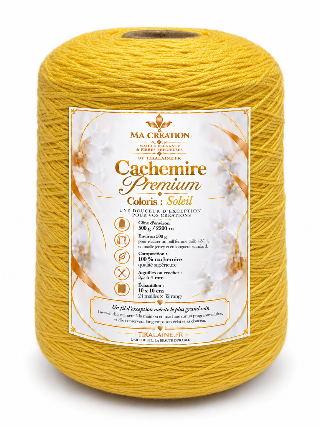 100%Cachemire Premium : Cône de 500g/2200m aiguilles/crochet 3,5-4mm