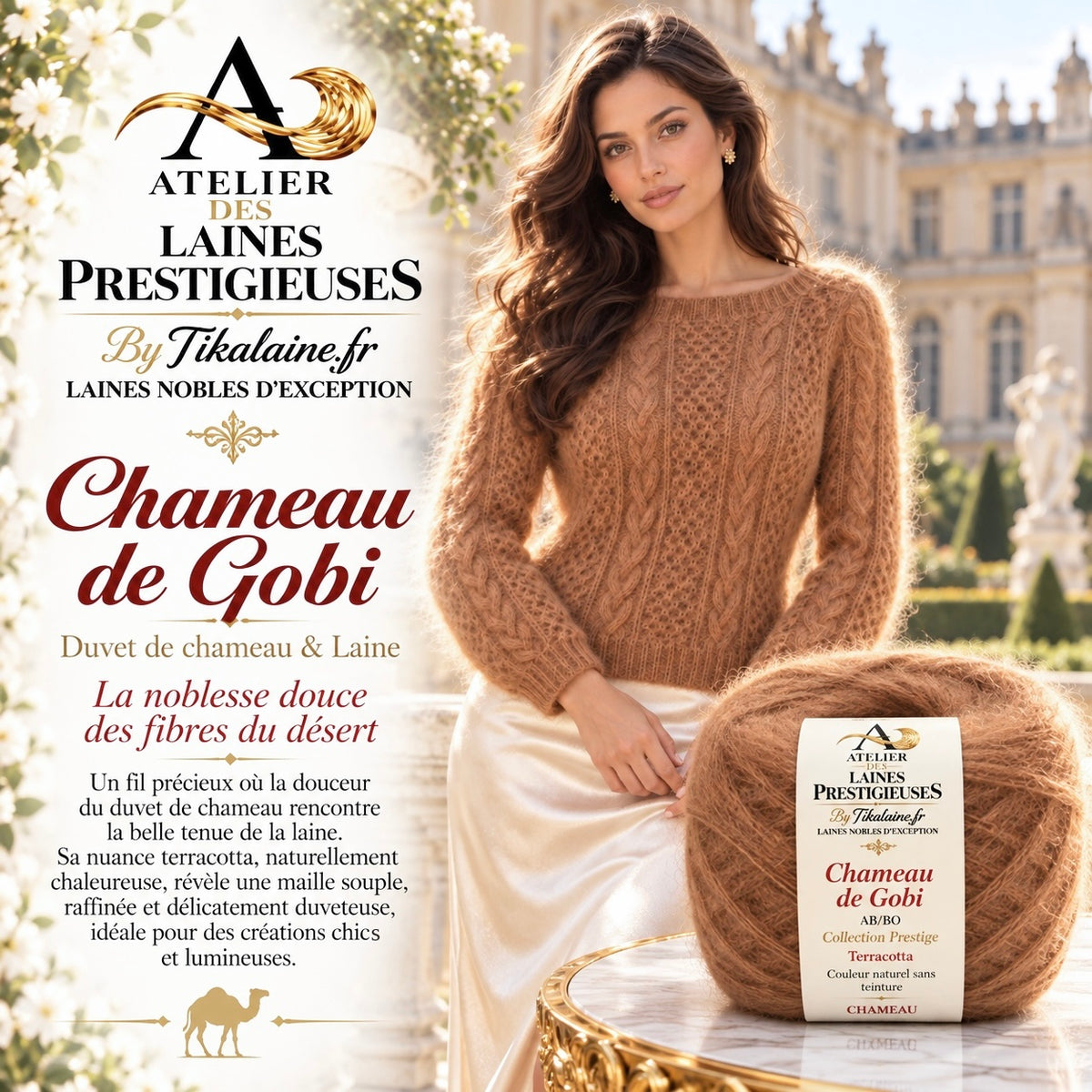 Chameau de Gobi – Duvet de chameau et laine – Terracotta - pelote de 50g 130m - aiguilles ou crochet 4-4,5mm