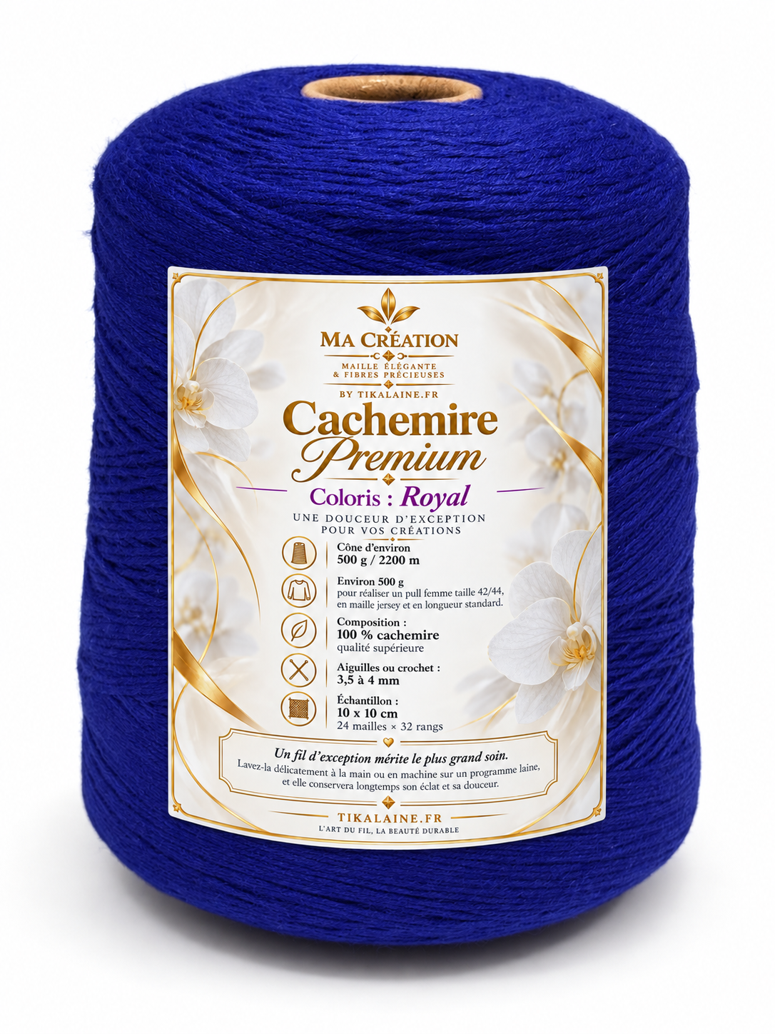 100%Cachemire Premium : Cône de 500g/2200m aiguilles/crochet 3,5-4mm