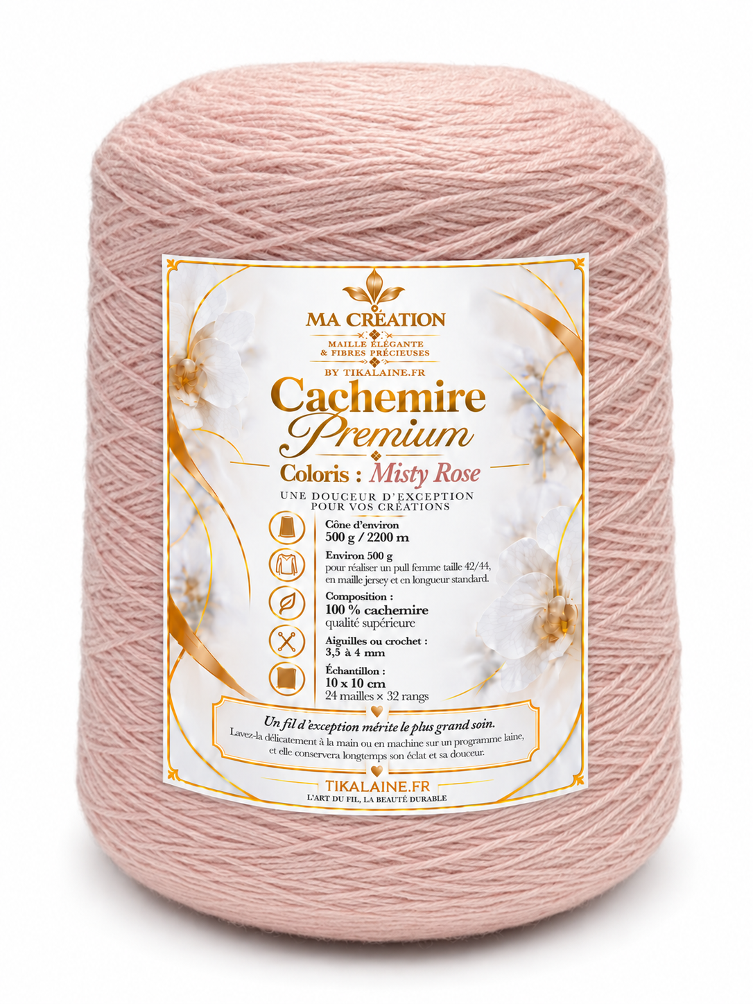 100%Cachemire Premium : Cône de 500g/2200m aiguilles/crochet 3,5-4mm