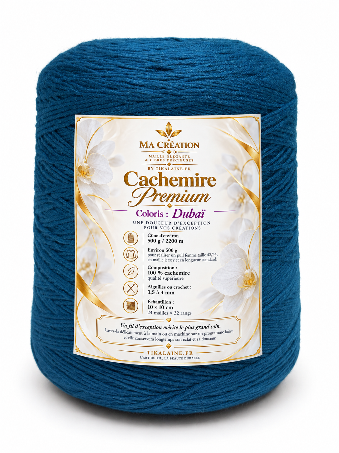 100%Cachemire Premium : Cône de 500g/2200m aiguilles/crochet 3,5-4mm