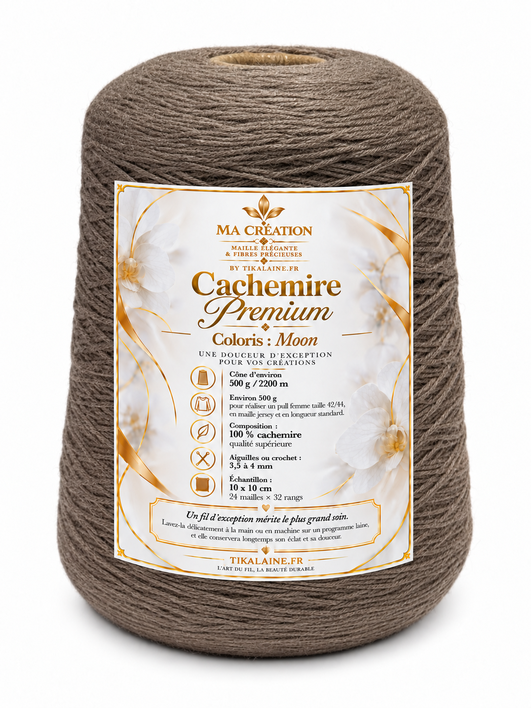 100%Cachemire Premium : Cône de 500g/2200m aiguilles/crochet 3,5-4mm