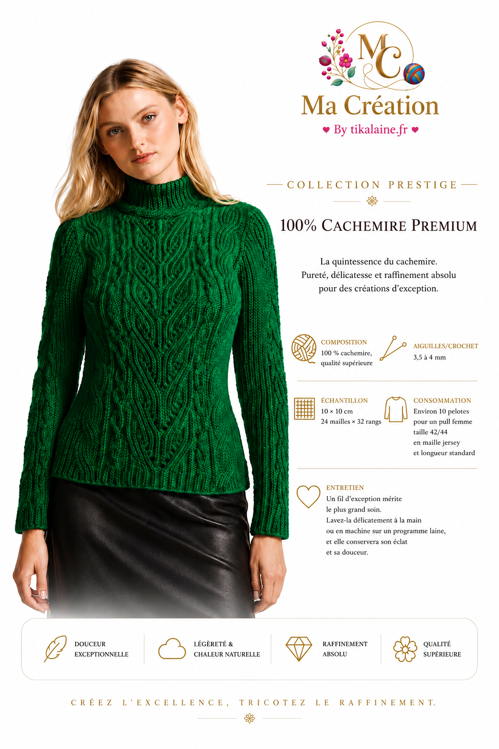 100% Cachemire Premium pelote de 50g 220m - aiguilles 3,5-4 mm