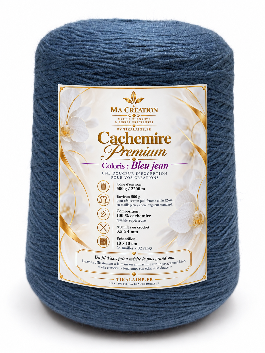 100%Cachemire Premium : Cône de 500g/2200m aiguilles/crochet 3,5-4mm