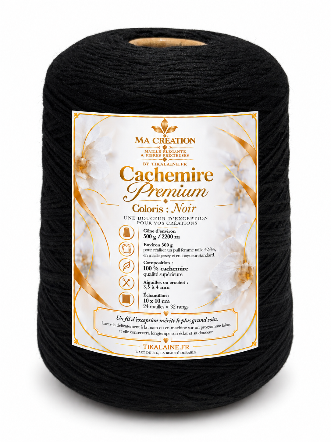 100%Cachemire Premium : Cône de 500g/2200m aiguilles/crochet 3,5-4mm