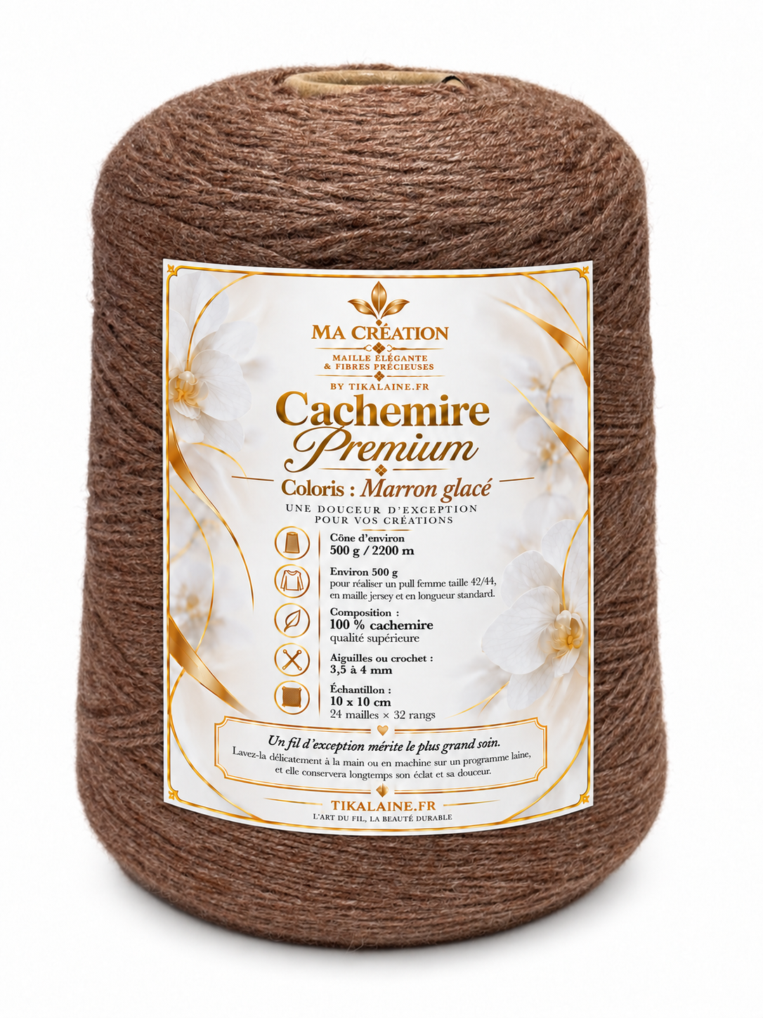 100%Cachemire Premium : Cône de 500g/2200m aiguilles/crochet 3,5-4mm