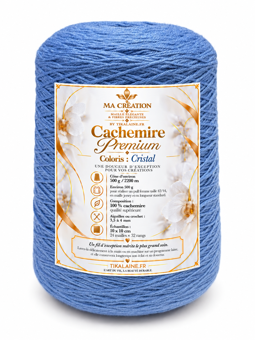 100%Cachemire Premium : Cône de 500g/2200m aiguilles/crochet 3,5-4mm