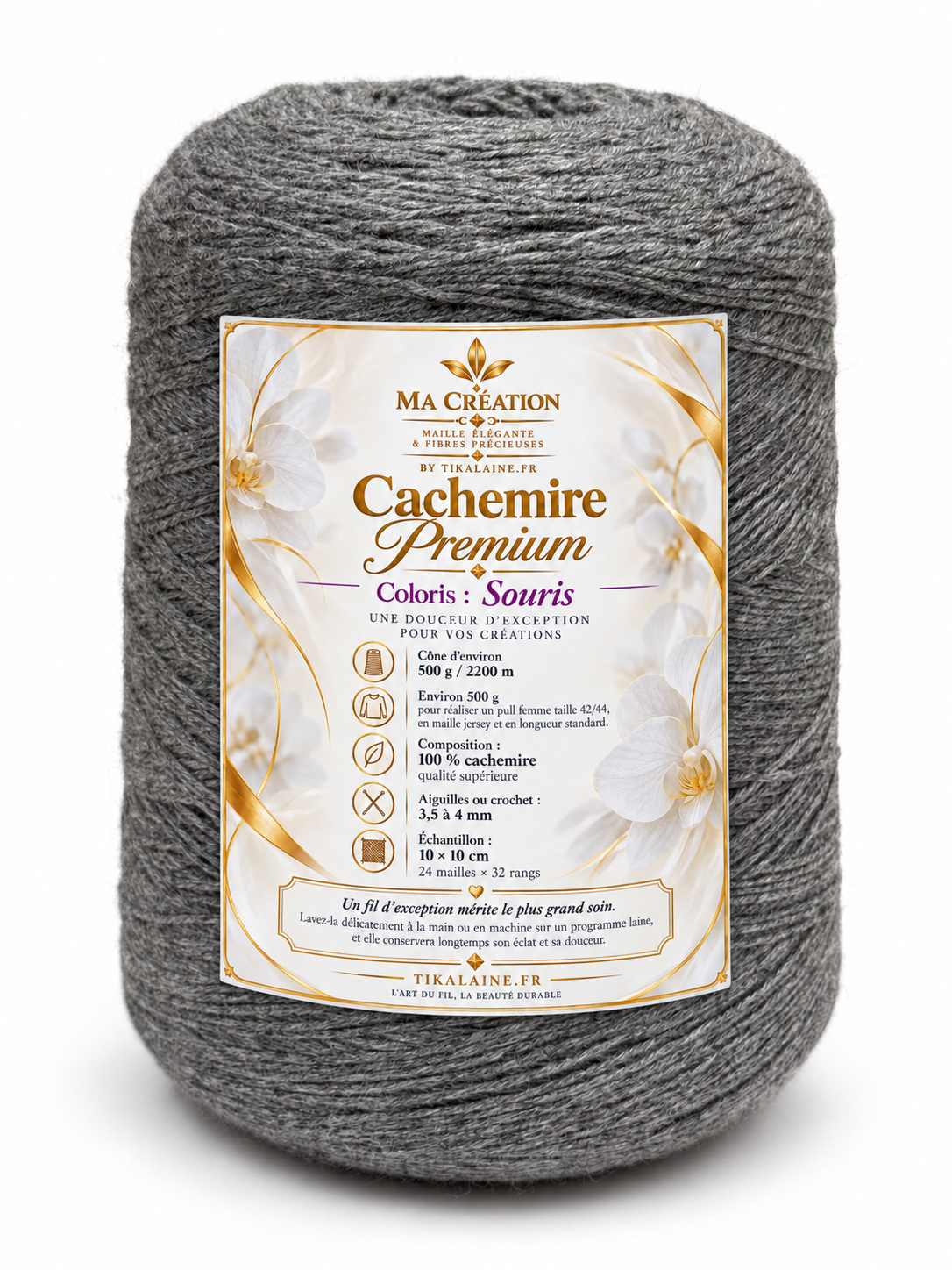 100%Cachemire Premium : Cône de 500g/2200m aiguilles/crochet 3,5-4mm