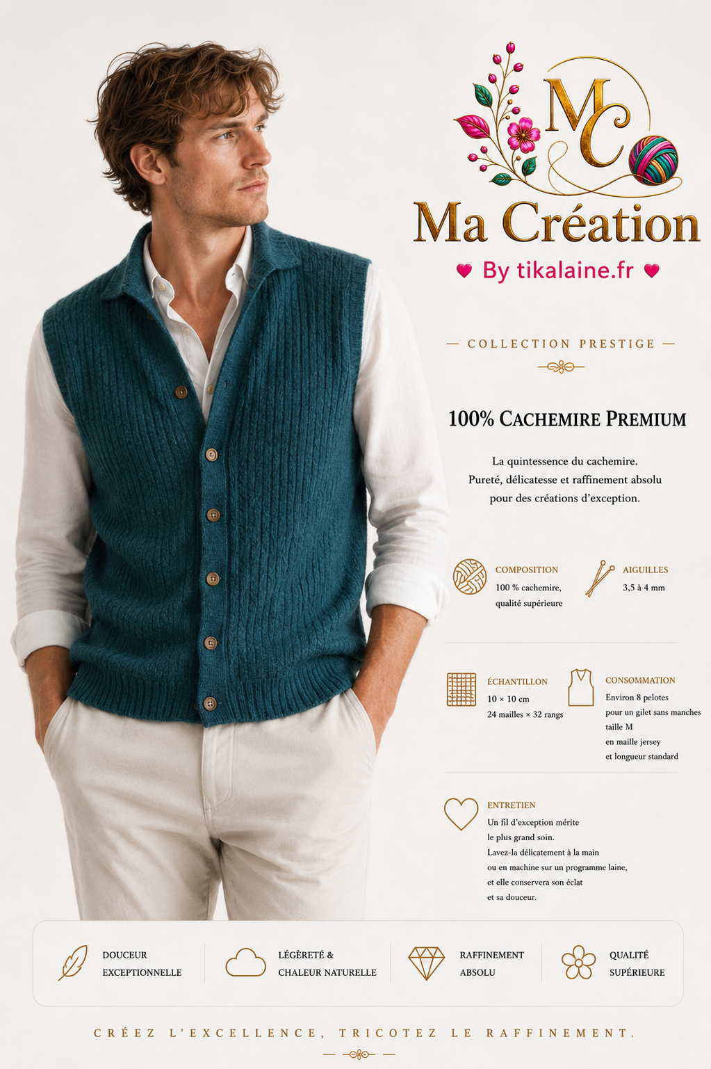 100% Cachemire Premium pelote de 50g 220m - aiguilles 3,5-4 mm