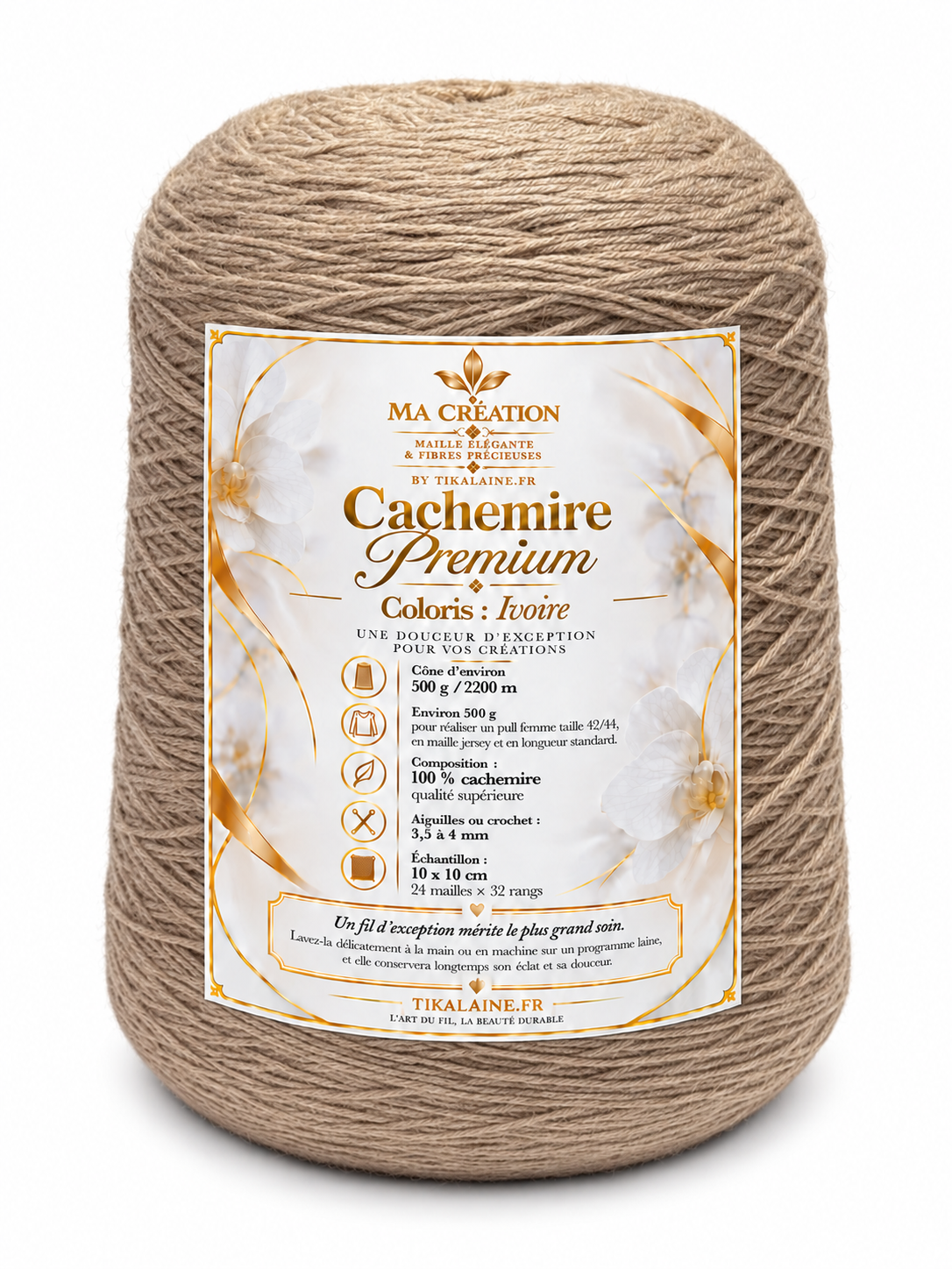 100%Cachemire Premium : Cône de 500g/2200m aiguilles/crochet 3,5-4mm