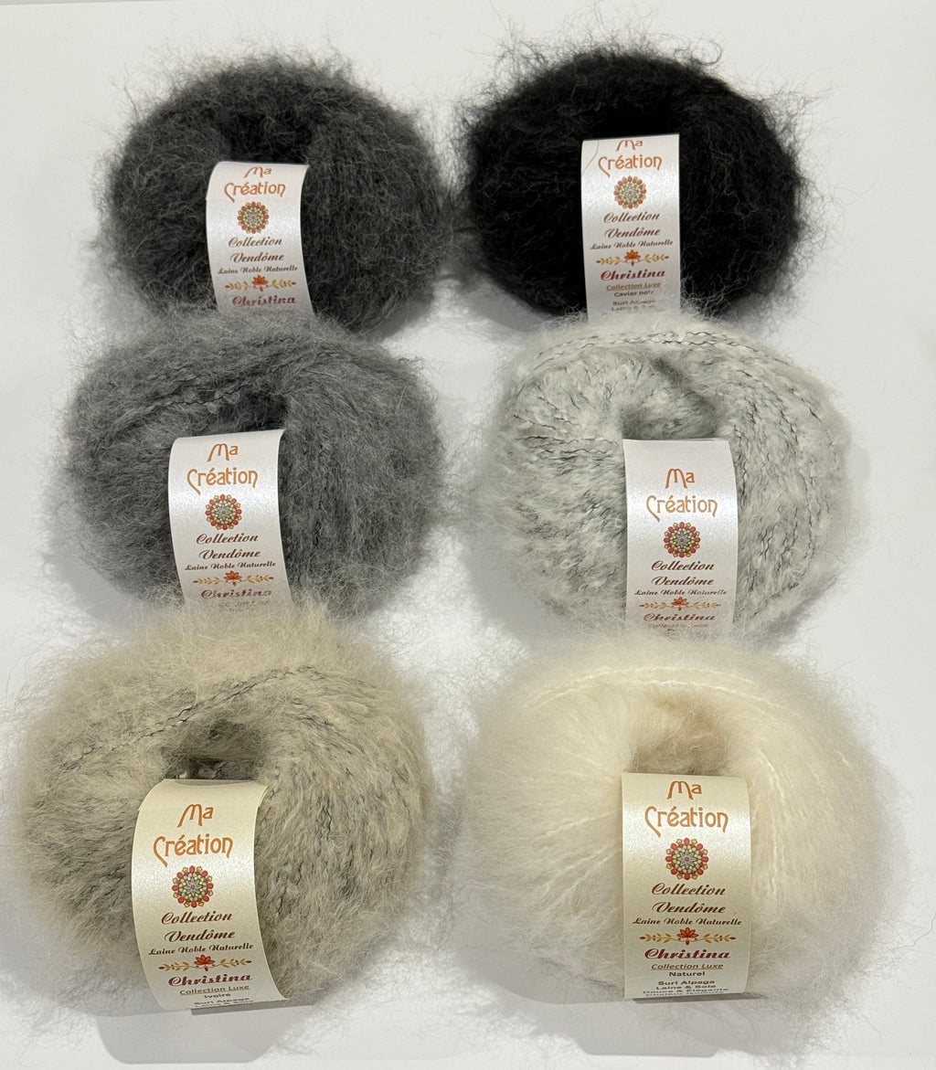 Christina : Suri alpaga, laine et soie. Pelote de 50g 95m. Aiguilles 5,5-6 mm.