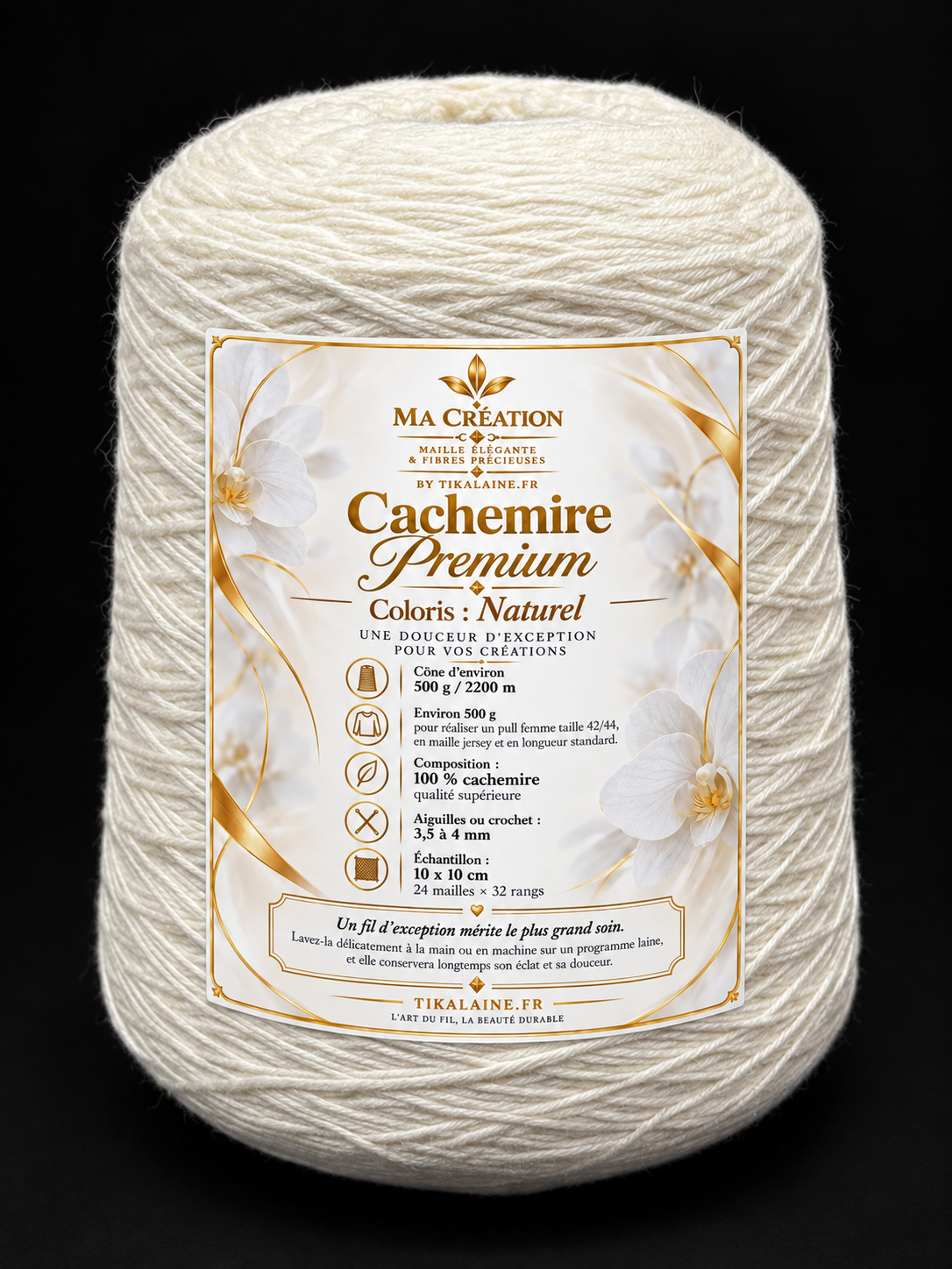 100%Cachemire Premium : Cône de 500g/2200m aiguilles/crochet 3,5-4mm