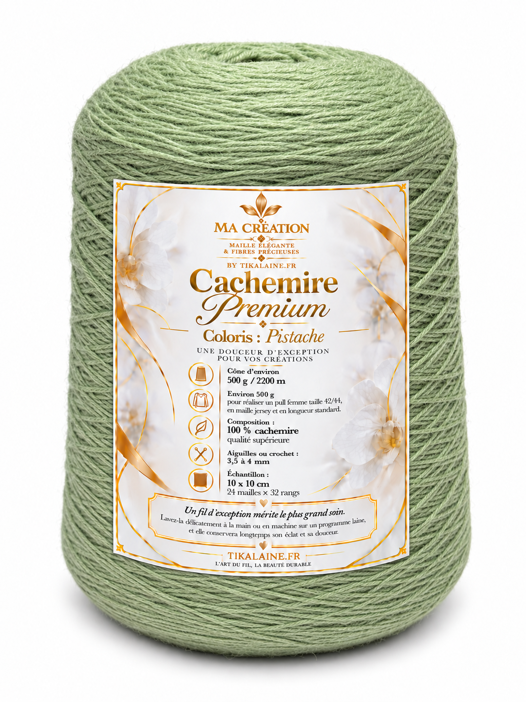 100%Cachemire Premium : Cône de 500g/2200m aiguilles/crochet 3,5-4mm