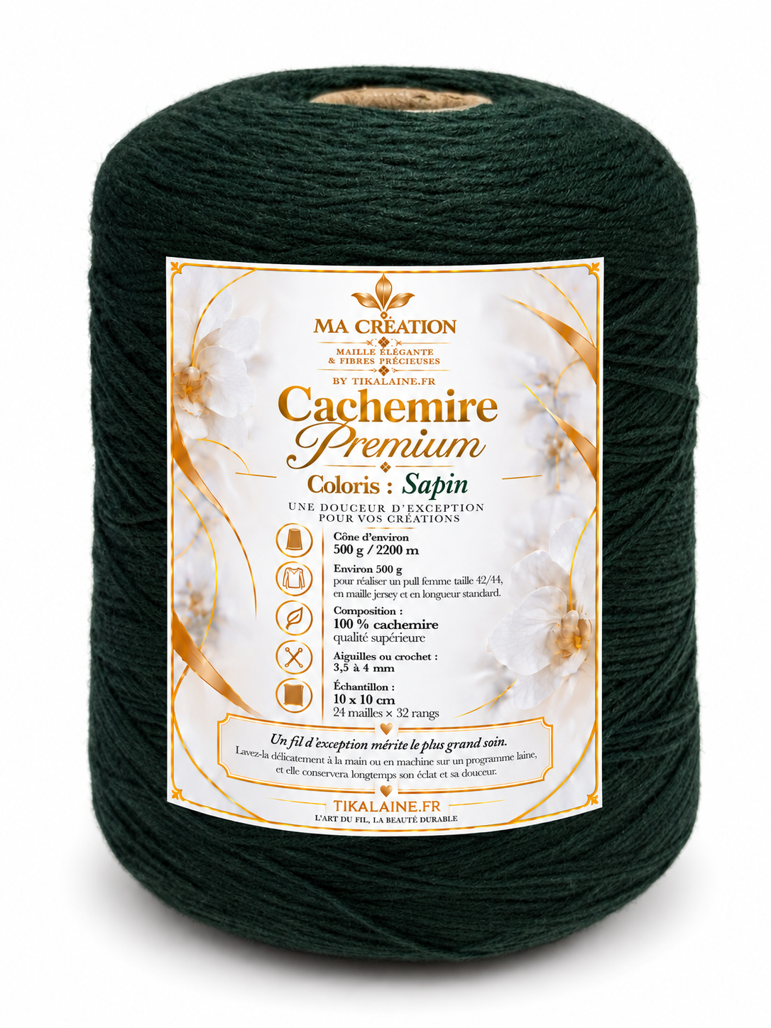 100%Cachemire Premium : Cône de 500g/2200m aiguilles/crochet 3,5-4mm