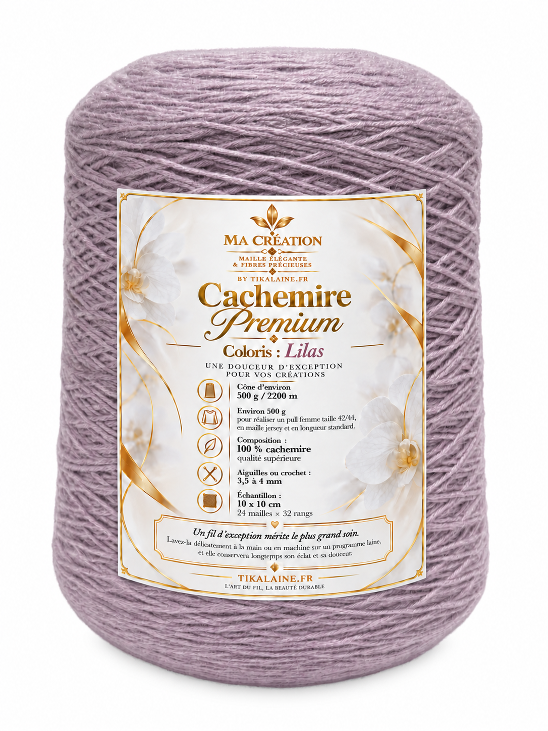 100%Cachemire Premium : Cône de 500g/2200m aiguilles/crochet 3,5-4mm