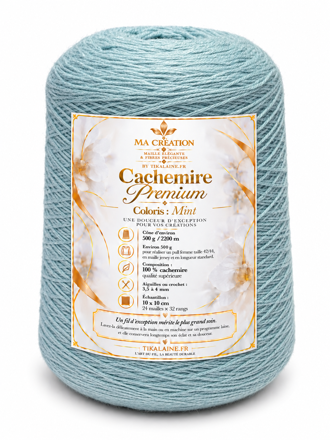 100%Cachemire Premium : Cône de 500g/2200m aiguilles/crochet 3,5-4mm