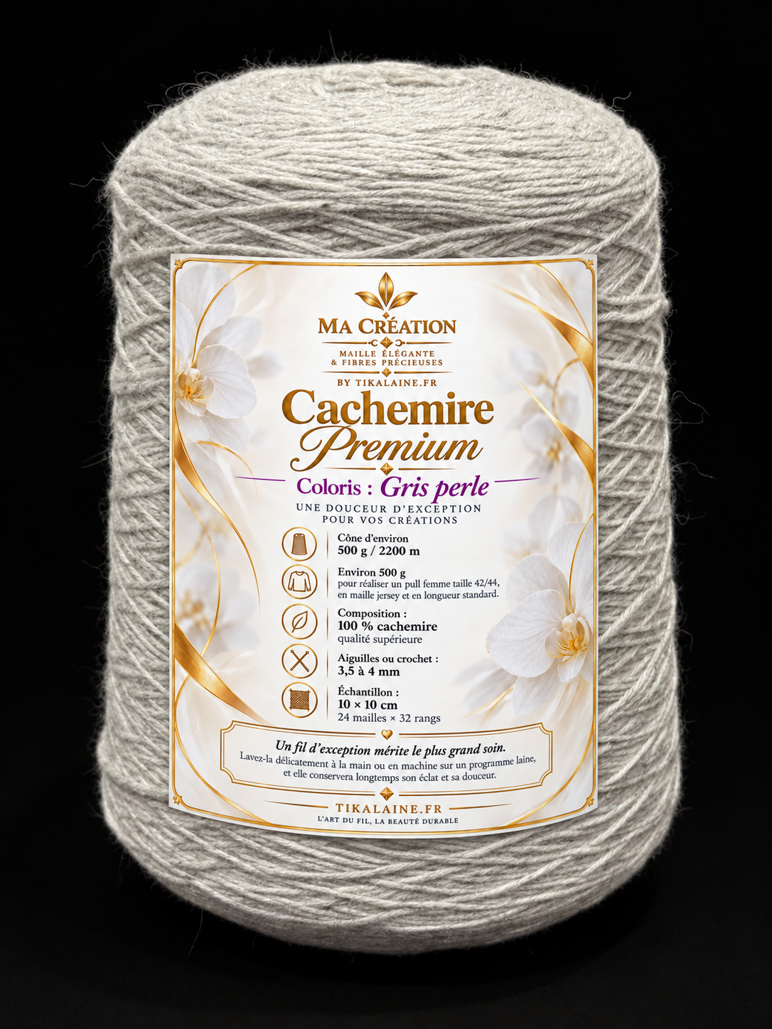 100%Cachemire Premium : Cône de 500g/2200m aiguilles/crochet 3,5-4mm