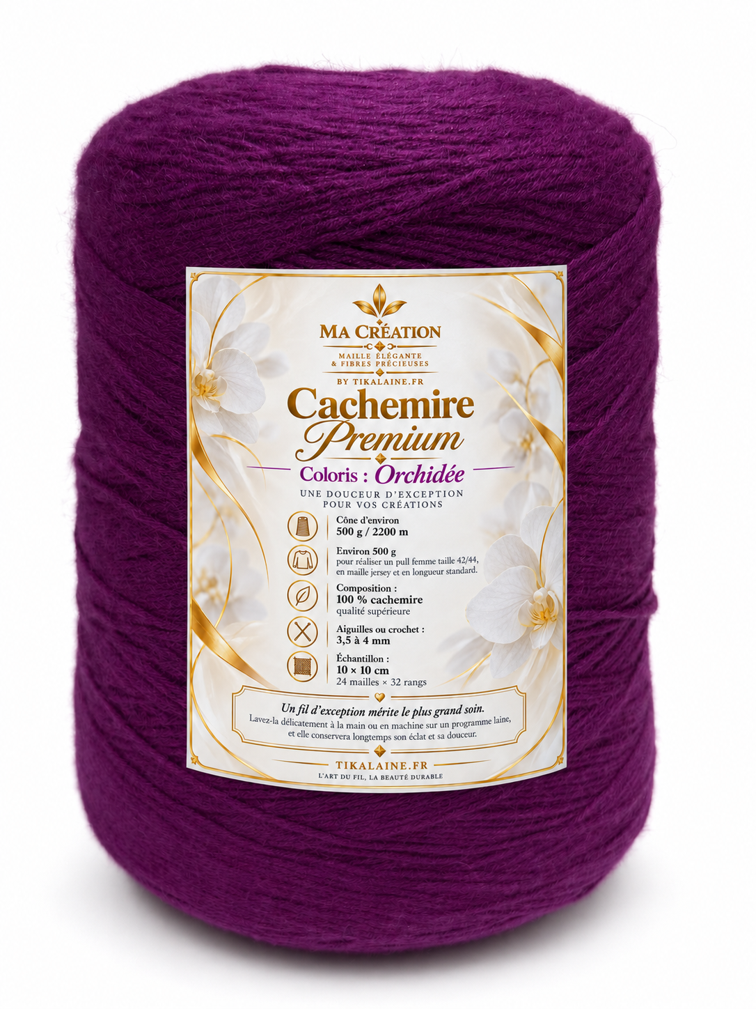 100%Cachemire Premium : Cône de 500g/2200m aiguilles/crochet 3,5-4mm