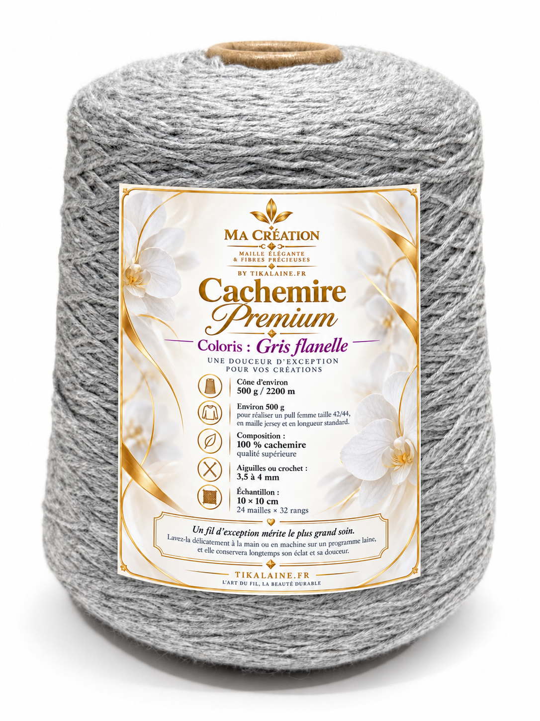 100%Cachemire Premium : Cône de 500g/2200m aiguilles/crochet 3,5-4mm