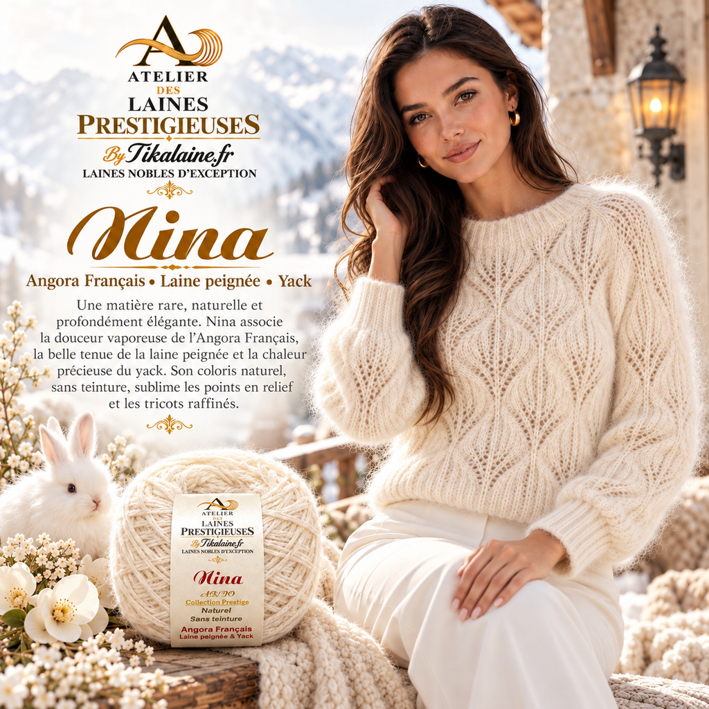 Nina : Angora Français, laine peignée et yack - pelote de 70g 120m - aiguilles/crochet 4-4,5mm